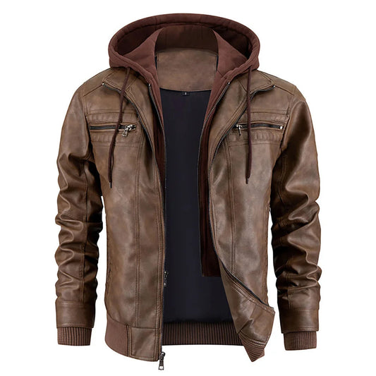 Men's Leather Look Coat with Detachable Hood