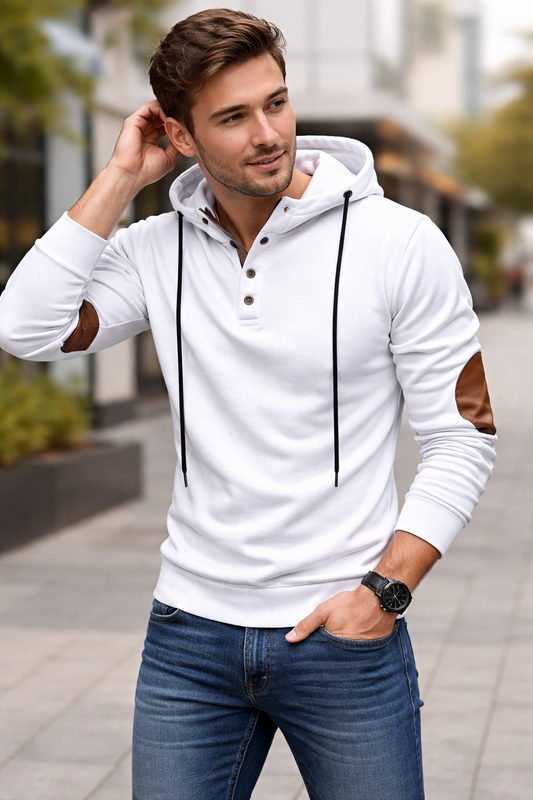 Men's Hooded Henley Sweatshirt with Elbow Patches