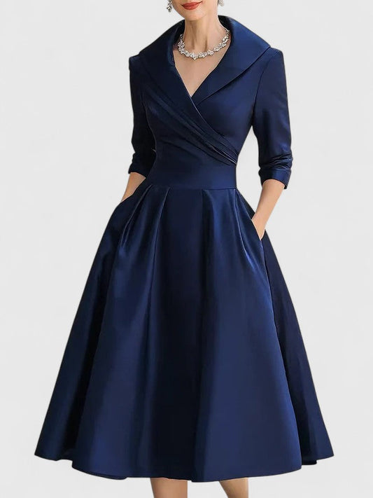 Women's Midi Dress with V-Neck and Short Sleeves