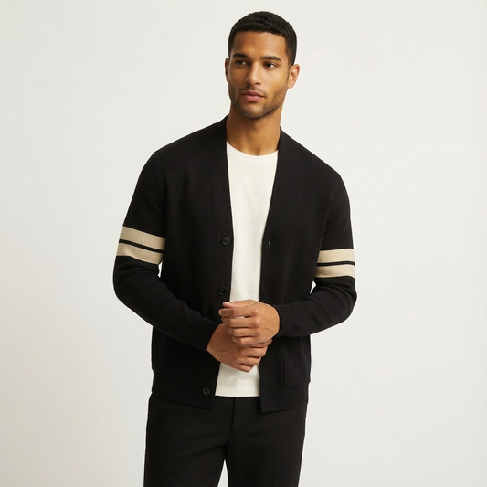 Men's Merino Blend Cardigan with Striped Sleeves