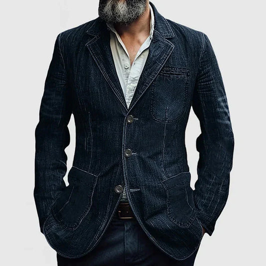 Men's Single-Breasted Blazer with Denim Look