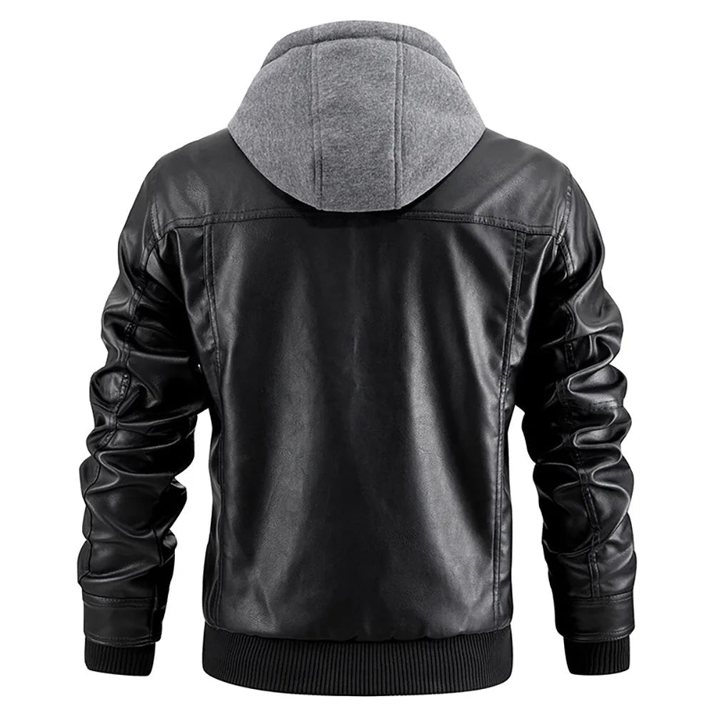 Men's Leather Look Coat with Detachable Hood