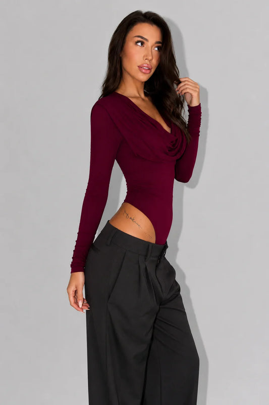 Claire - Women's Draped Cowl Neck Bodysuit with Long Sleeves