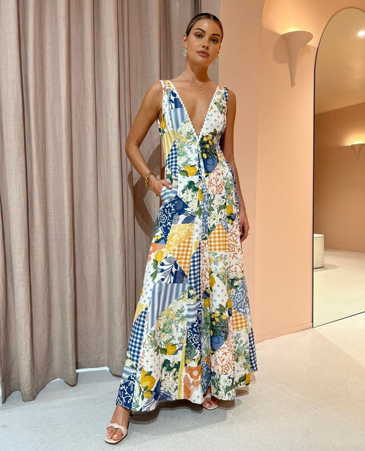Women's Patchwork Maxi Dress with V-Neck