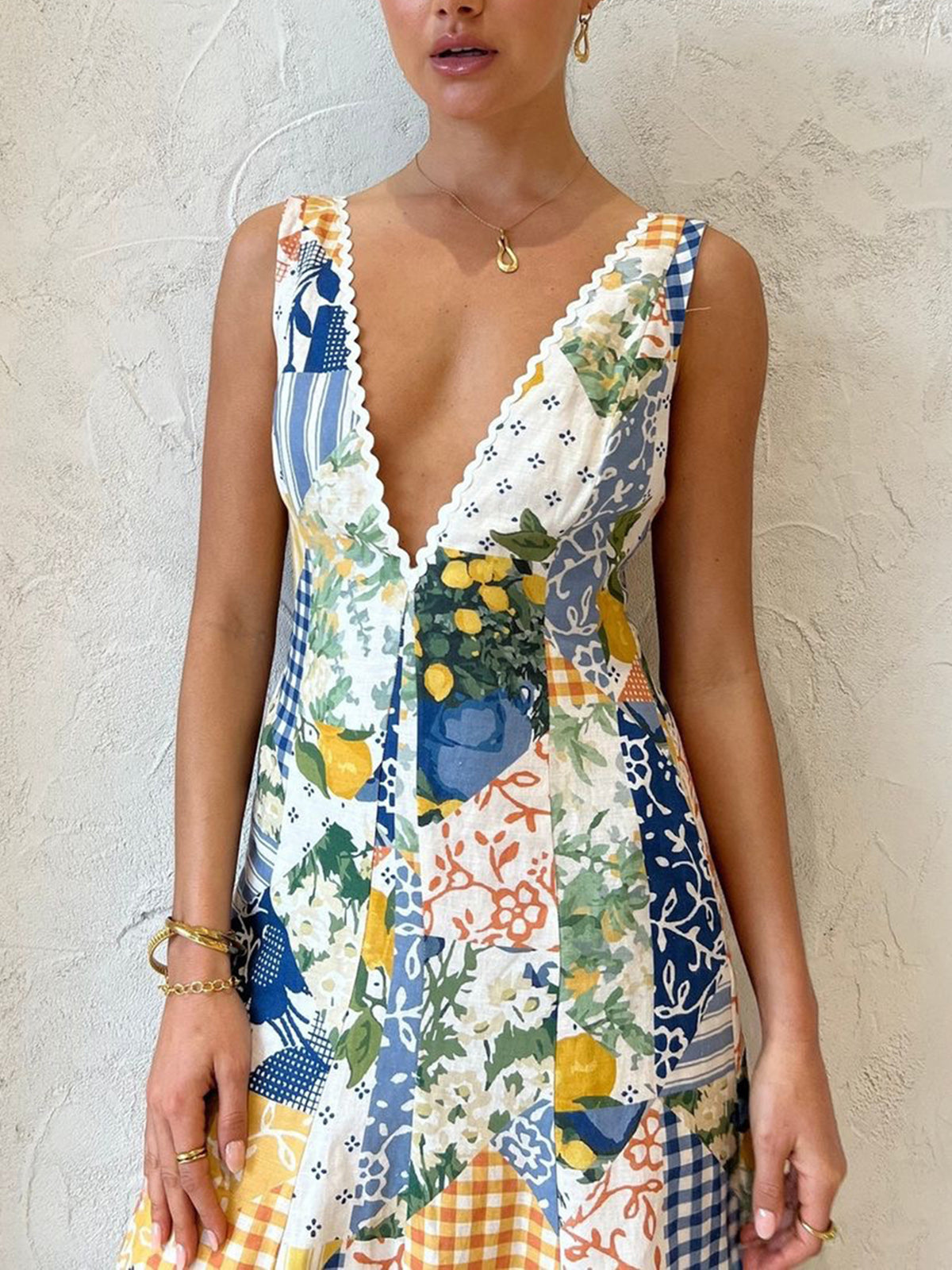 Women's Patchwork Maxi Dress with V-Neck