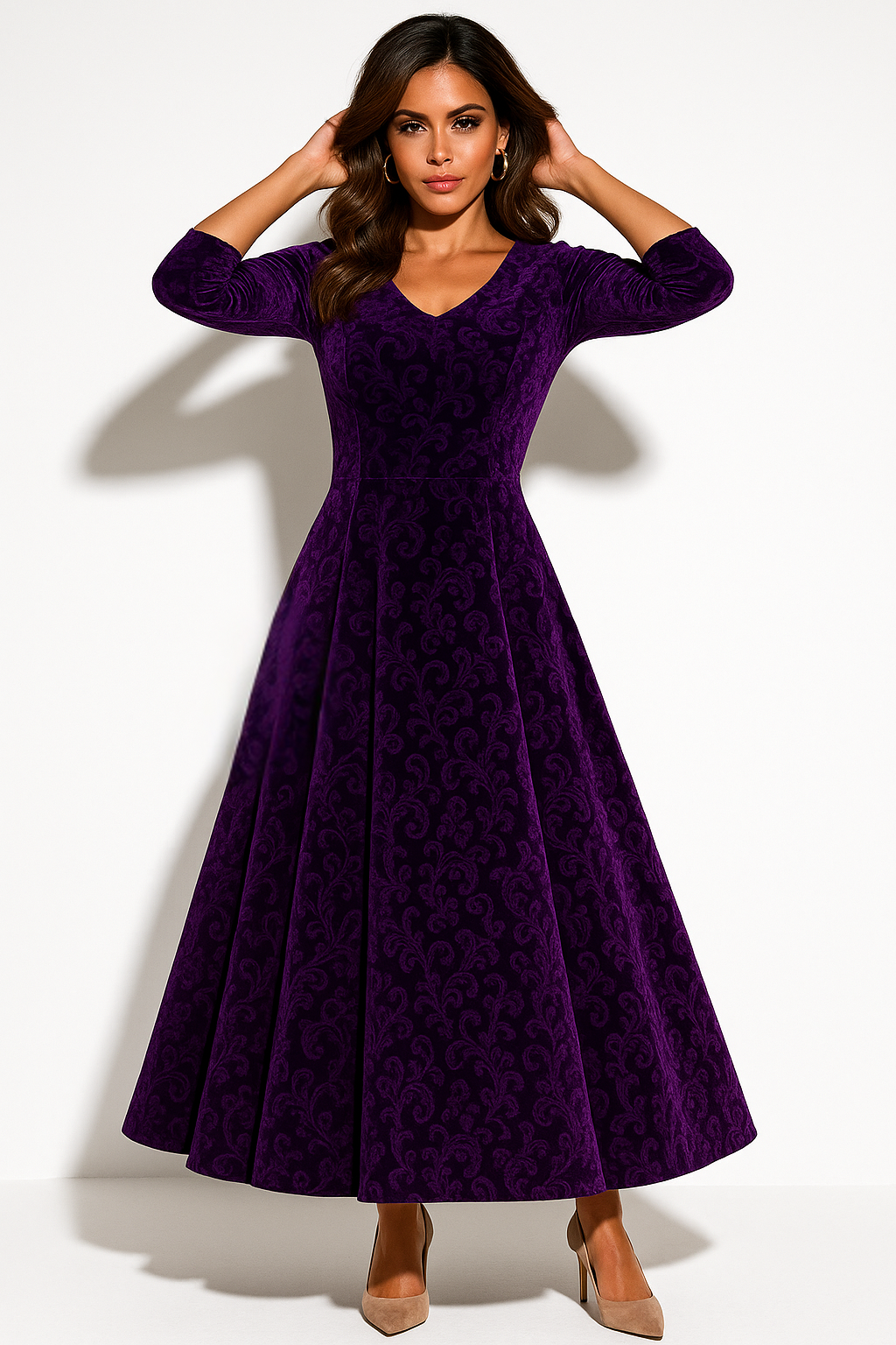 Women's Velvet Midi Dress with A-Line Skirt