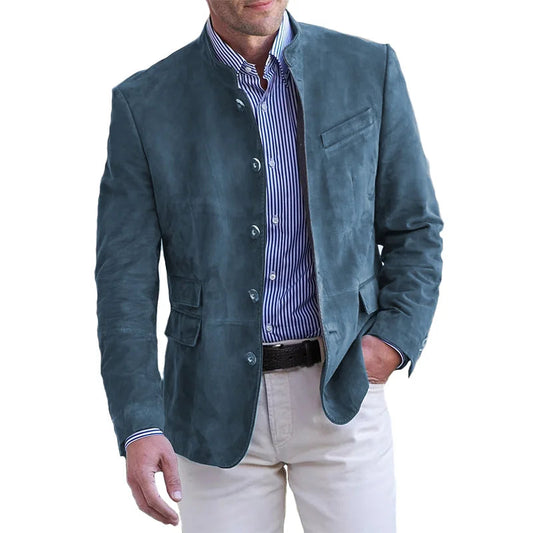 Men's Suede Look Blazer with Stand Collar