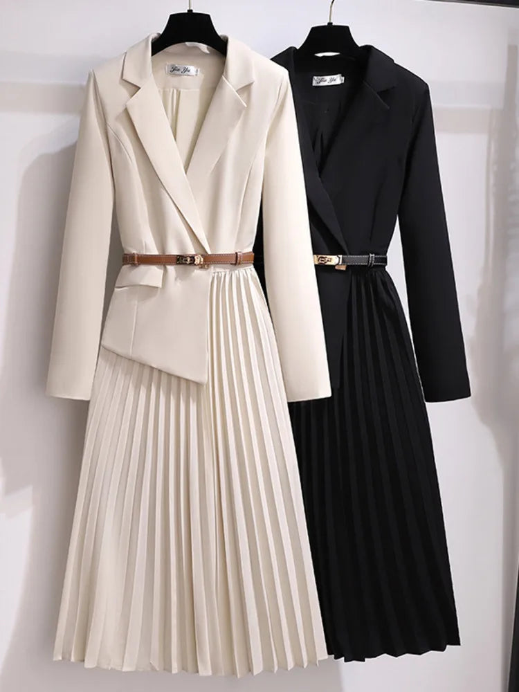 Women's Pleated Blazer Dress with Belt