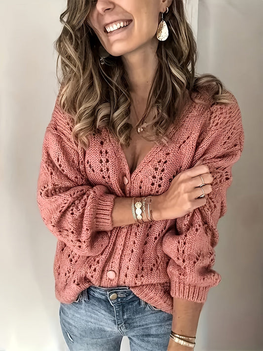 Women's Openwork Knit Cardigan with V-Neck