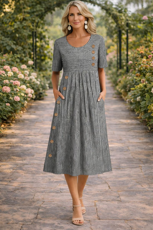 Women's Striped Midi Dress with Short Sleeves
