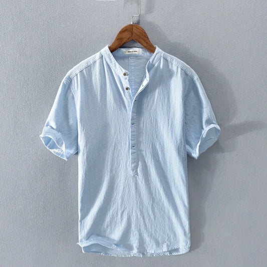 Men's Linen Shirt with Camp Collar in Sky Blue