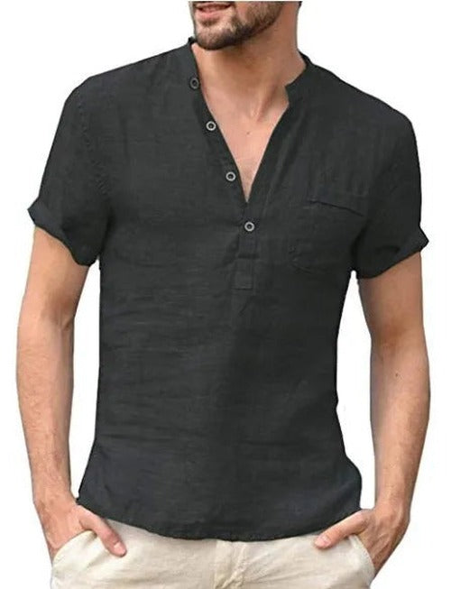 Men's Linen Shirt with Chest Pocket in Black