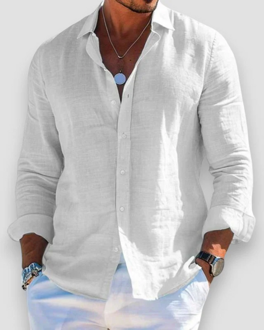 Men's Linen Shirt with Point Collar in White