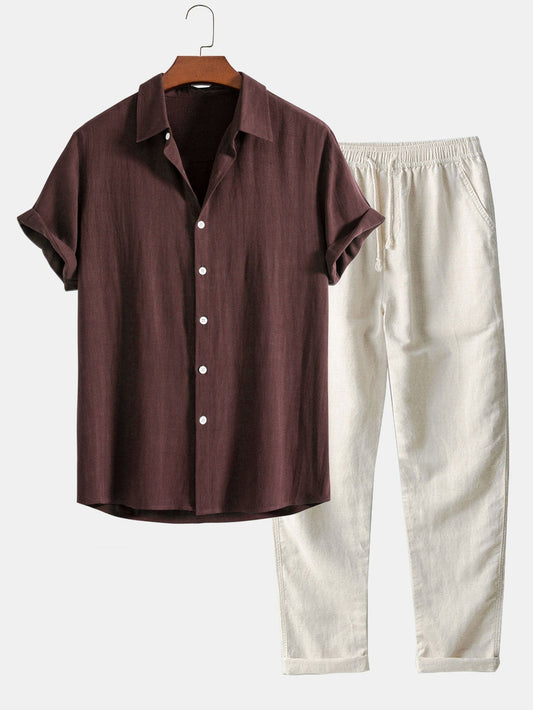 Men's Two-Piece Linen Set with Drawcord Trousers