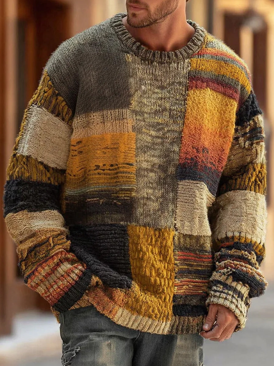 Men's Patchwork Knit Jumper with Crew Neck