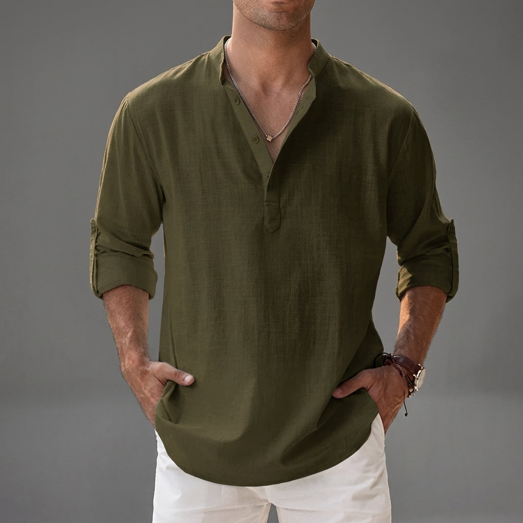 Men's Relaxed Linen Shirt with Button Front in Olive Green