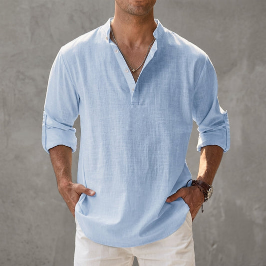 Men's Relaxed Linen Shirt with Button Front in Light Blue