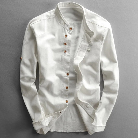 Men's Shirt with Mandarin Collar and Patch Pocket in White