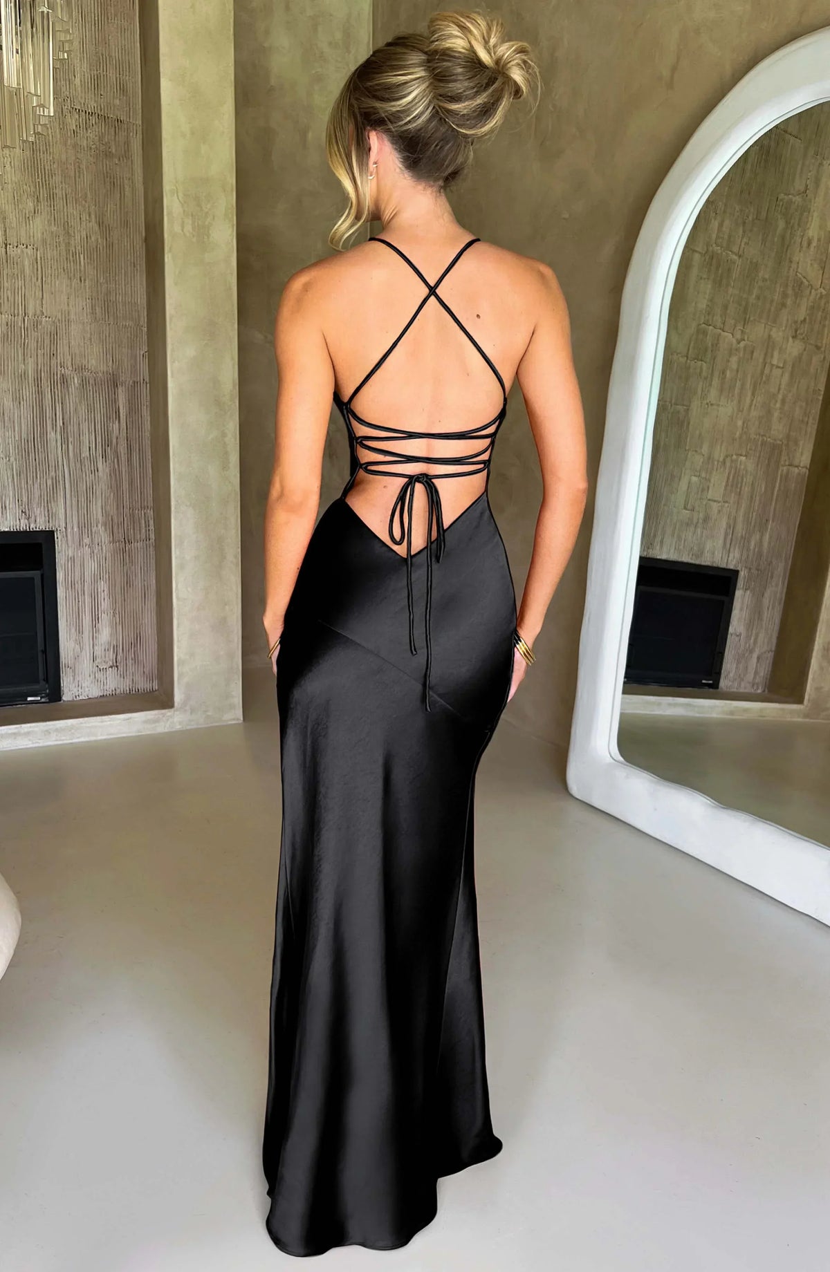 Women's Satin Evening Maxi Dress with V-Neck and Thin Straps