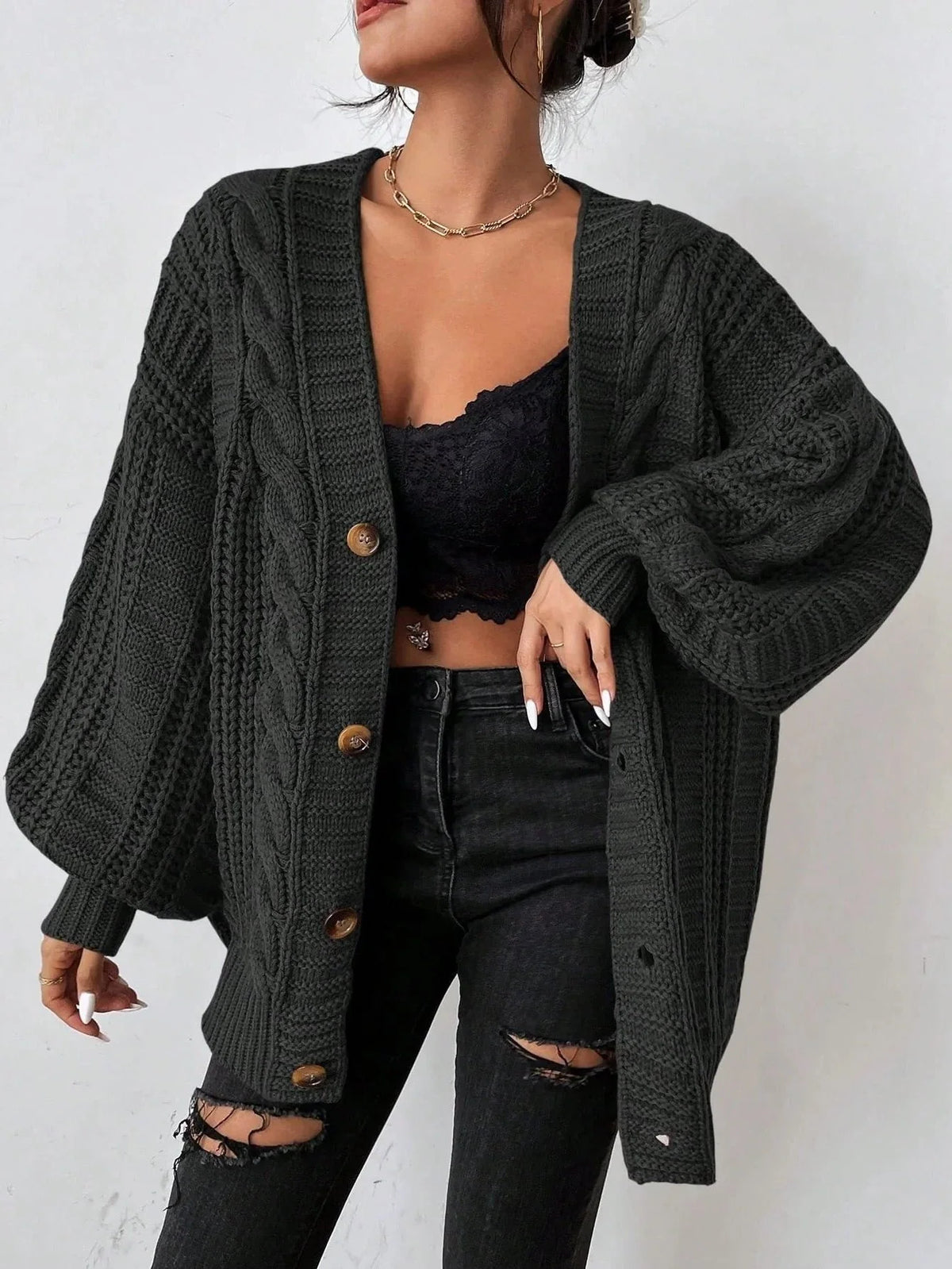 Women's Cable Knit Oversized Button-Down Cardigan - photo 4
