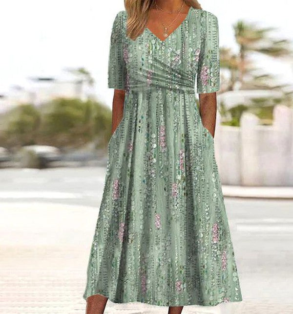 Women's Floral Dress with High Waist and V-Neck