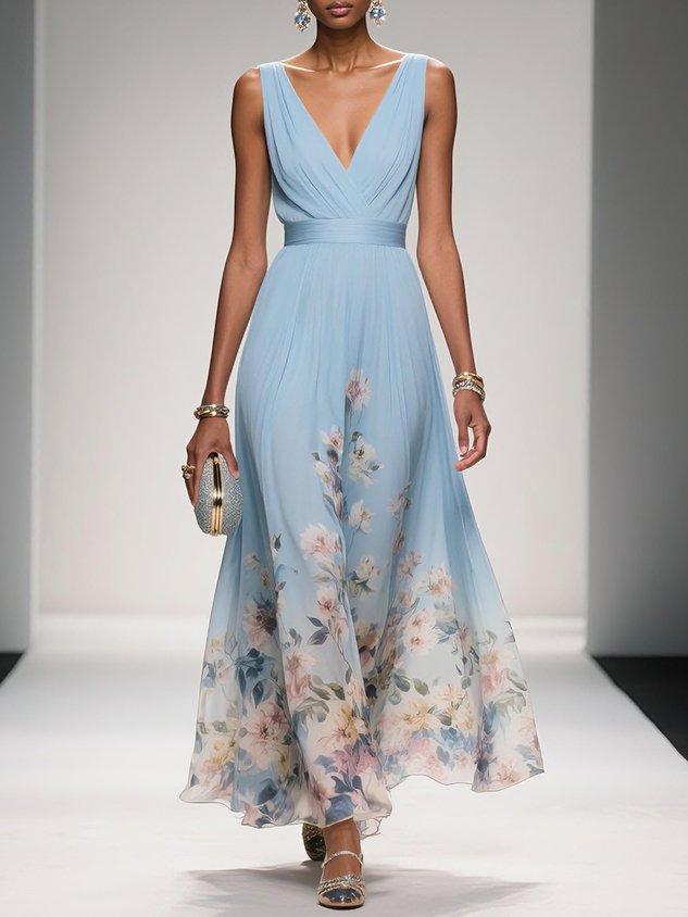 Women's Floral Maxi Dress with Pleated Bodice