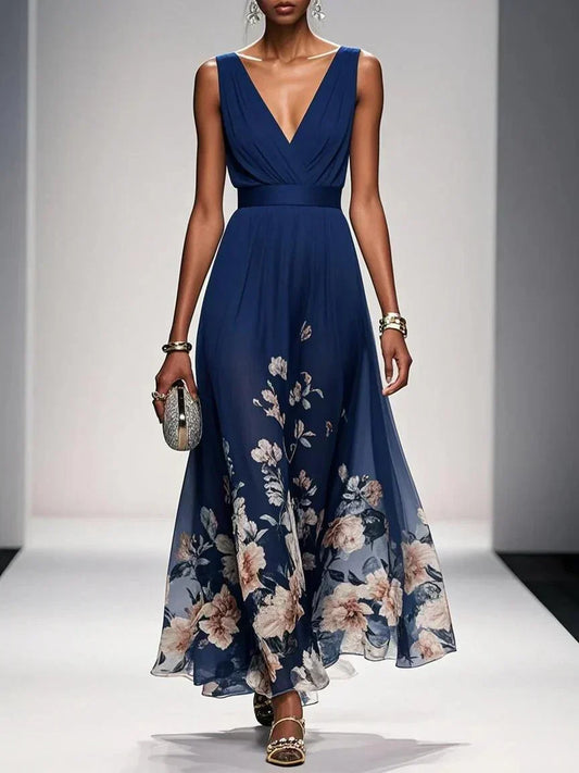 Women's Floral Maxi Dress with Pleated Bodice