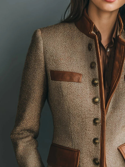Women's Herringbone Tweed Jacket with Leather Trim - photo 2