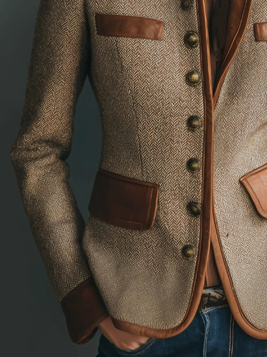 Women's Herringbone Tweed Jacket with Leather Trim - photo 4