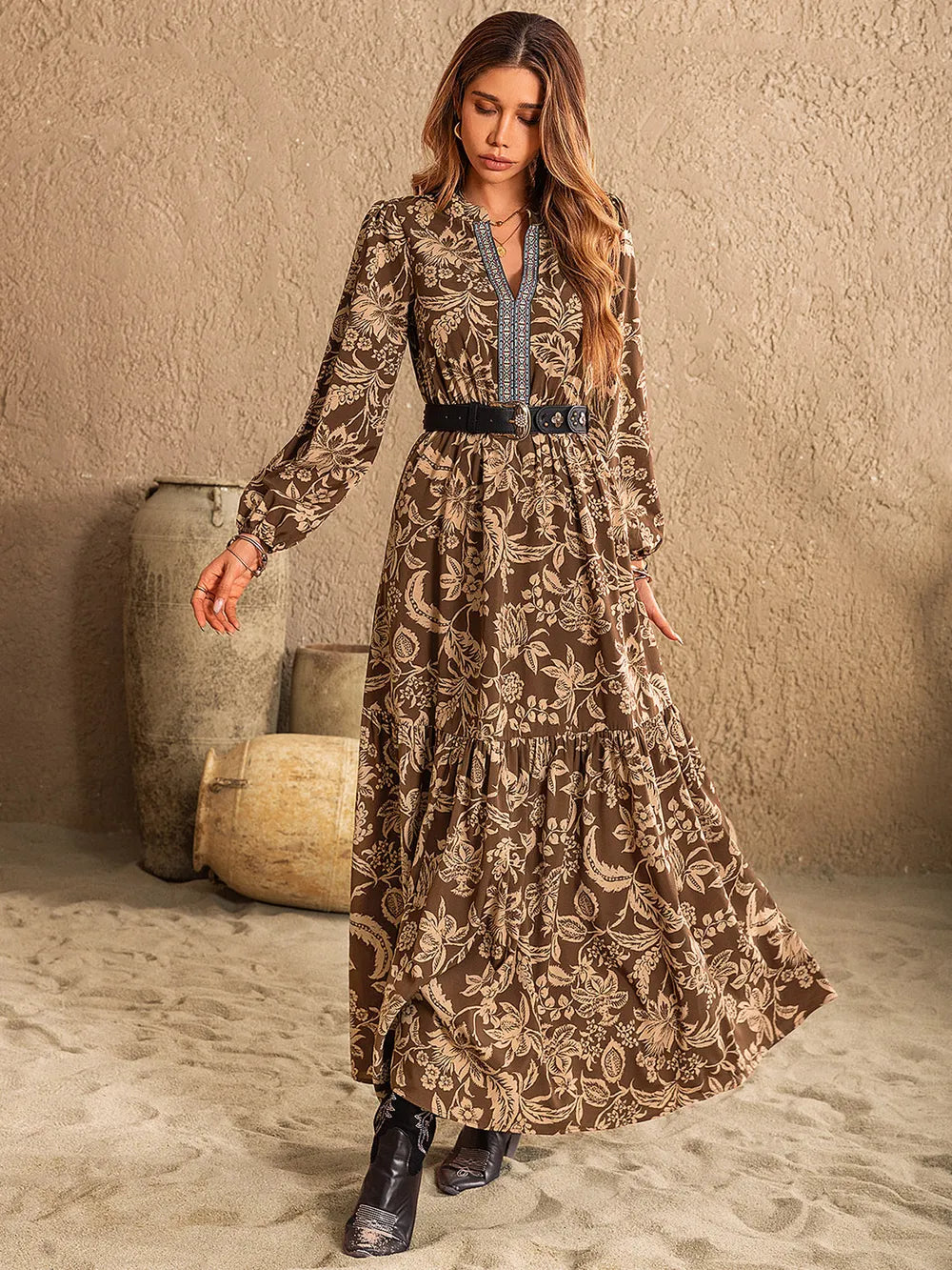 Women's Printed Maxi Dress with Ruched Waist - photo 5