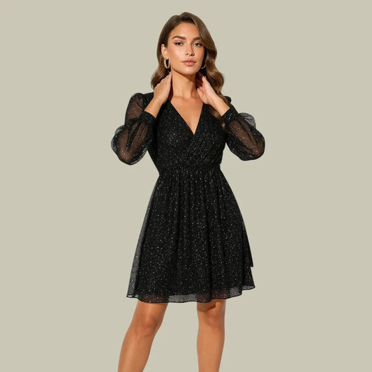 Women's Sequin Mini Dress with V-Neck and Long Sleeves - photo 2