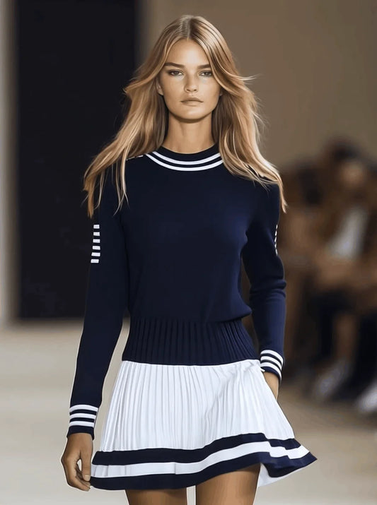 Women's Striped Knit Dress with Pleated Skirt - photo 2