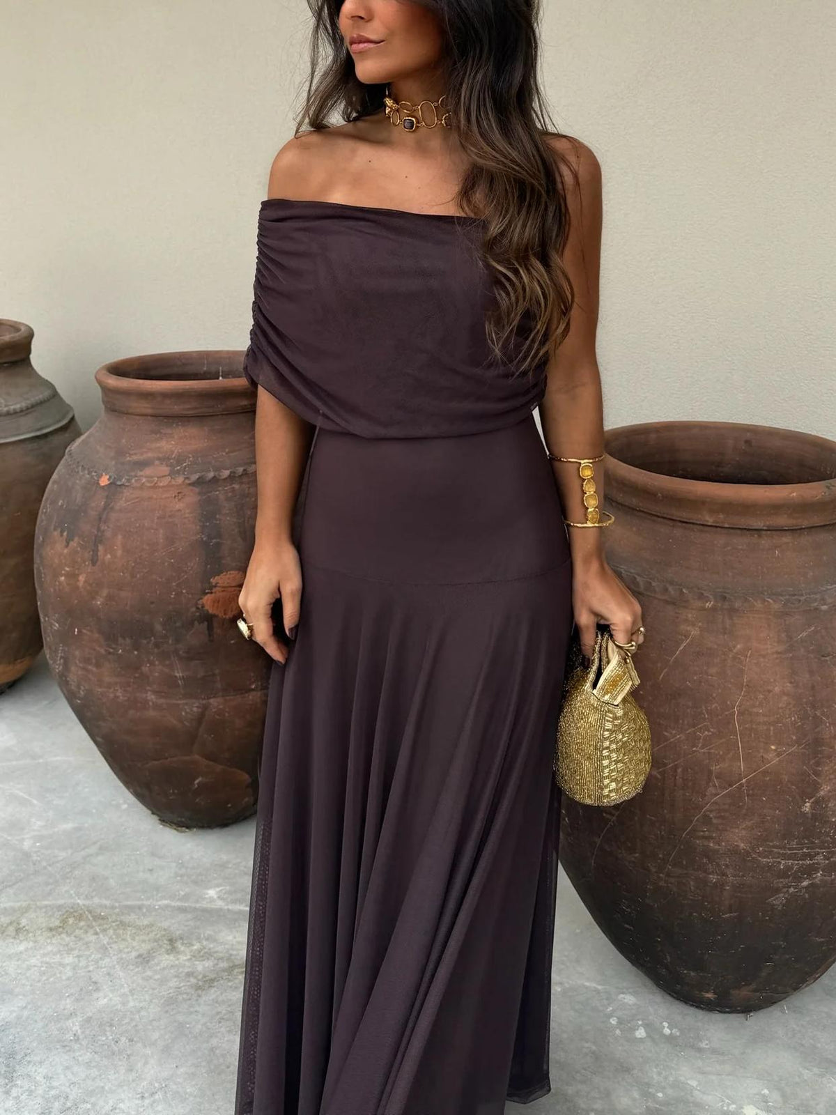 Women's Wedding Guest Maxi Dress with Mesh Overlay