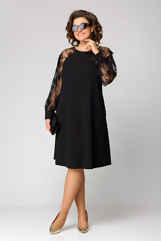 Women's A-Line Midi Dress with Lace Sleeves – view 2