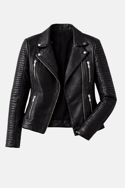 Women's Leather Biker Jacket with Ribbed Shoulder Panels – view 2