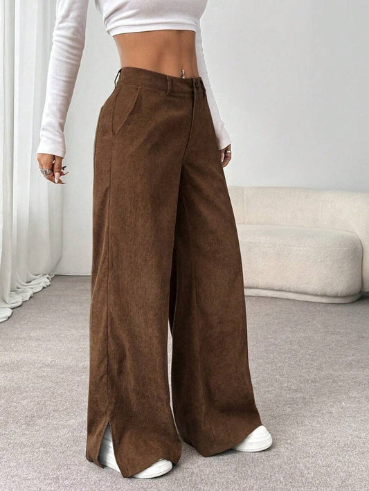 Women's brown wide leg trousers with split hem, front detail