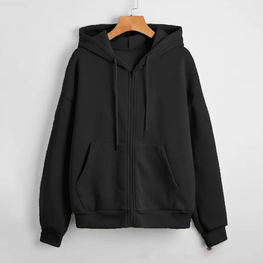 Women's Classic Zip-Up Hoodie With Knit Texture in Black
