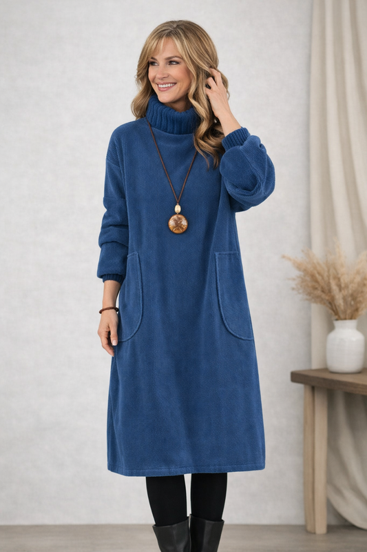 Women's Corduroy Turtleneck Midi Dress with Patch Pockets – view 2