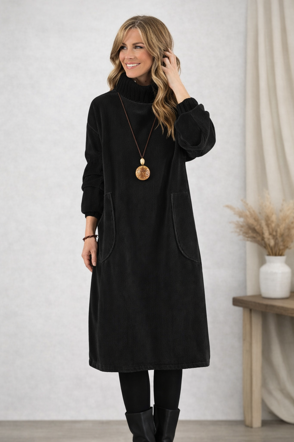 Women's Corduroy Turtleneck Midi Dress with Patch Pockets – view 3