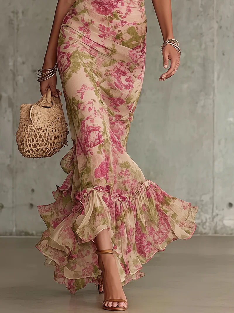 Women's Floral Mermaid Maxi Dress with Puff Sleeves – view 3