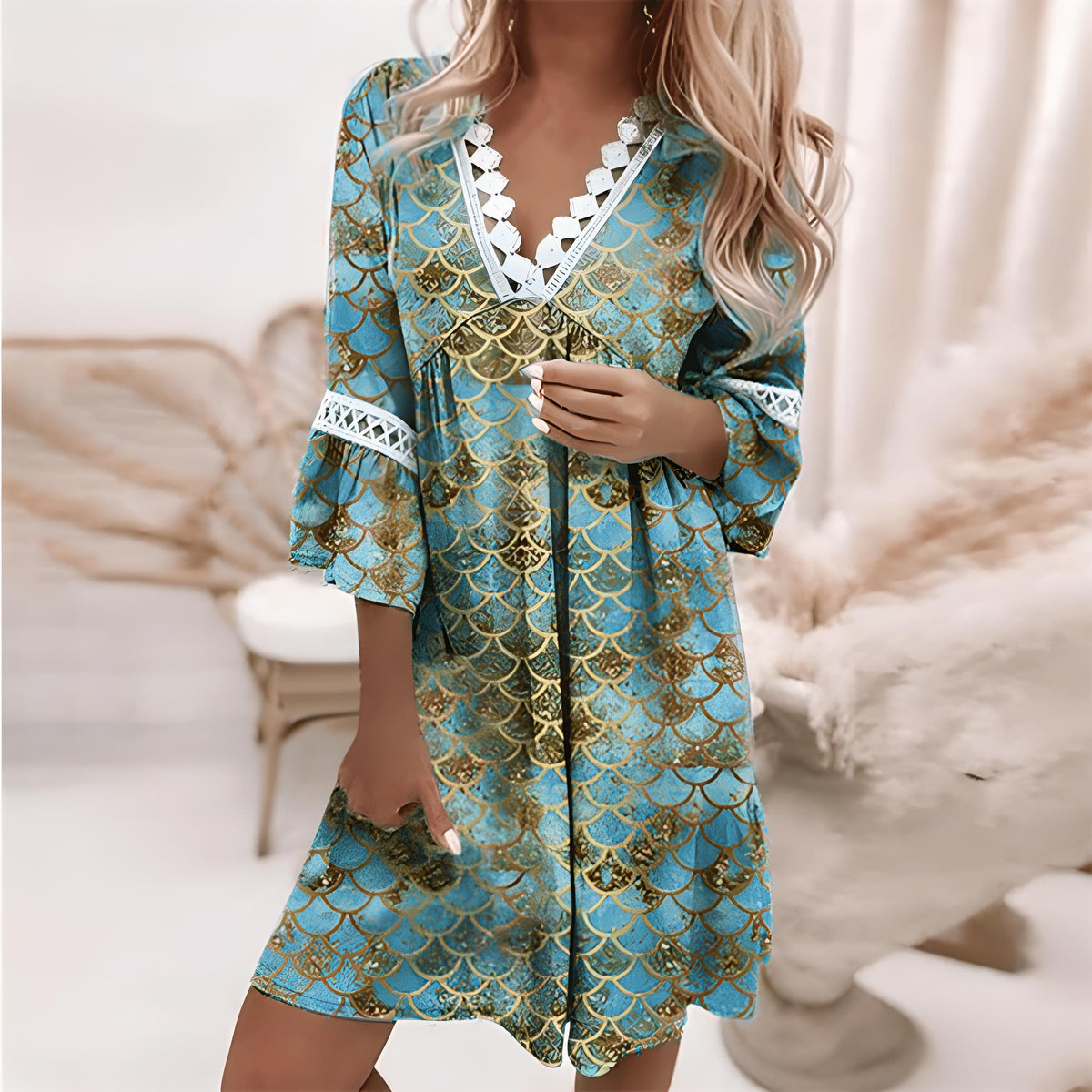 Women's Floral Print V-Neck Midi Dress with Lace Trim-4