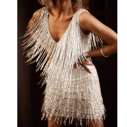 Women's Fringed Cocktail Dress with V-Neck - photo 2