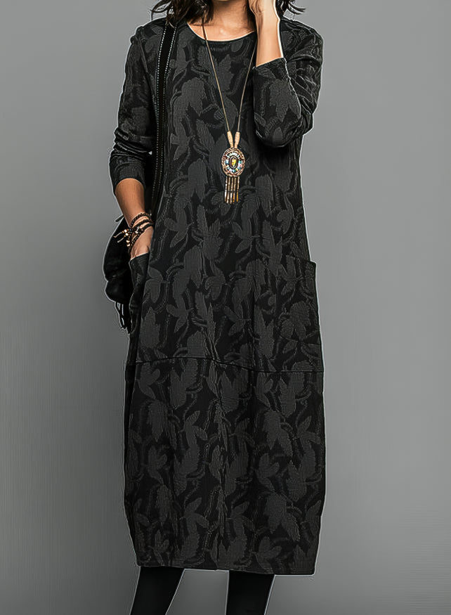 Women's Long-Sleeve Printed Maxi Dress with Pockets - Black