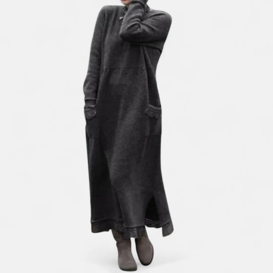 Women's Longline Knit Dress with Stand Collar and Side Pockets - photo 2