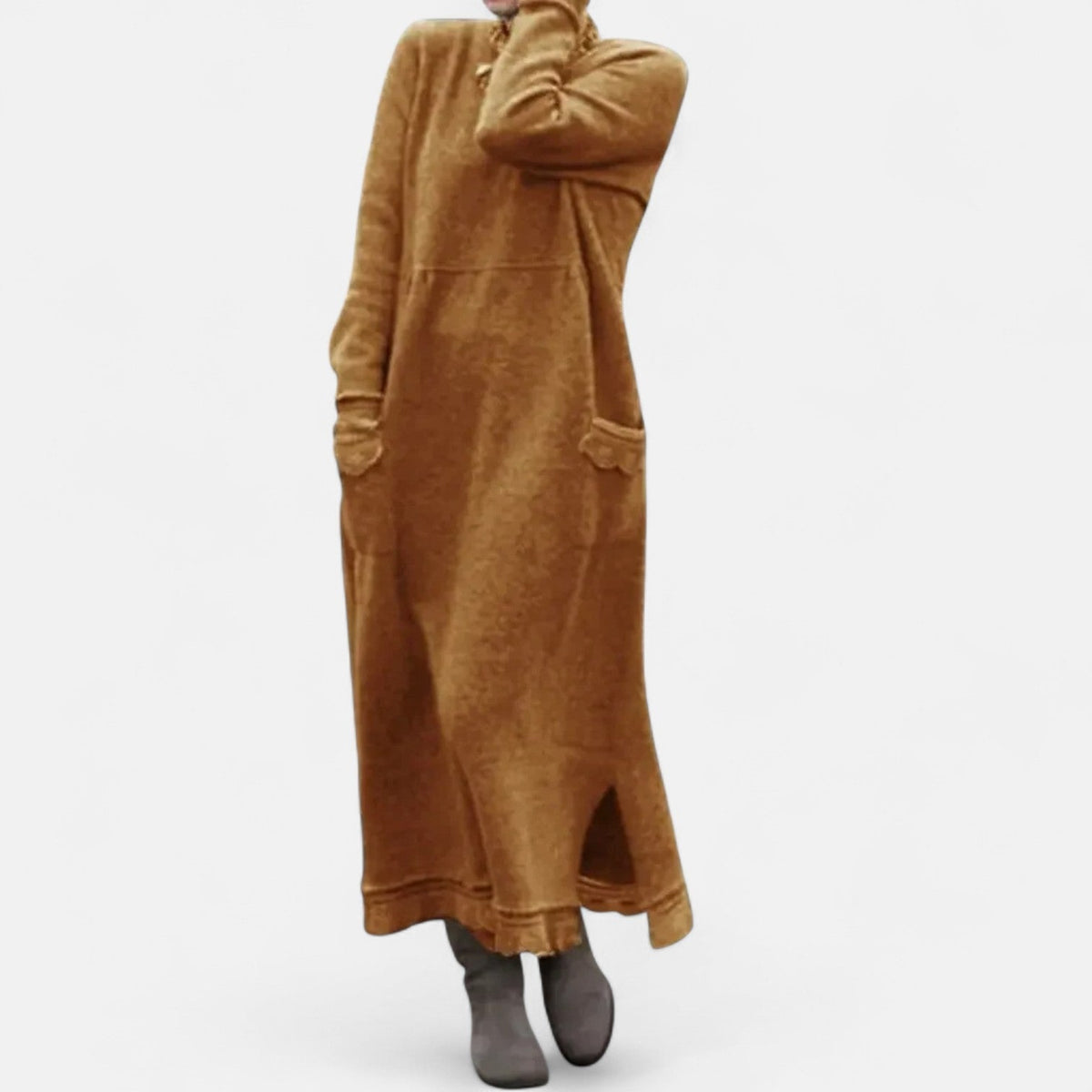 Women's Longline Knit Dress with Stand Collar and Side Pockets - photo 8