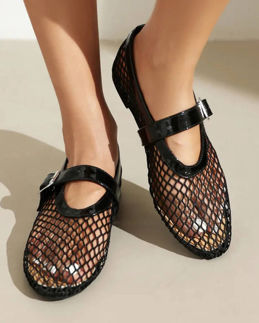 Women's Mesh Mary Jane Flat with Buckle Strap-2