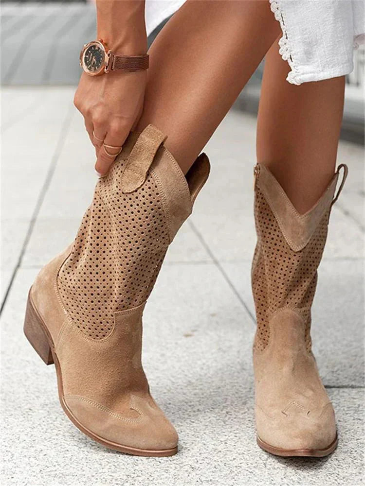 Women's Perforated Cowboy Boots with Block Heel-6