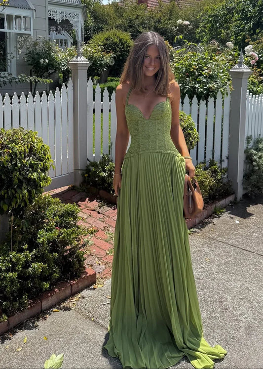 Women's Pleated Maxi Dress with Lace Halter Bodice