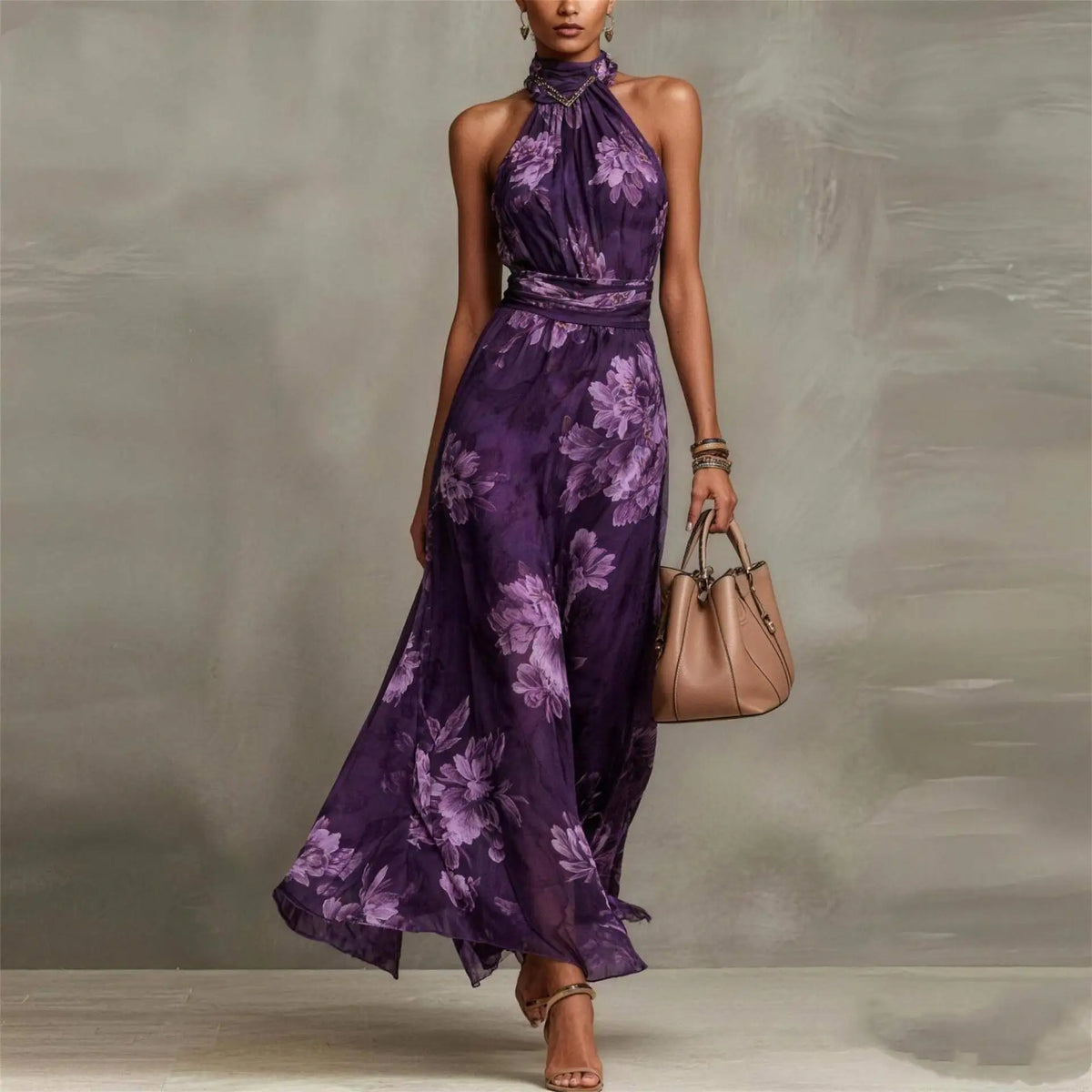 Women's Printed Halter Maxi Dress with High Neck – view 5