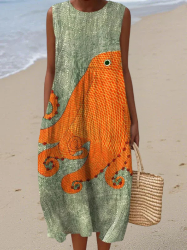 Women's Printed Midi Dress with Side Pockets